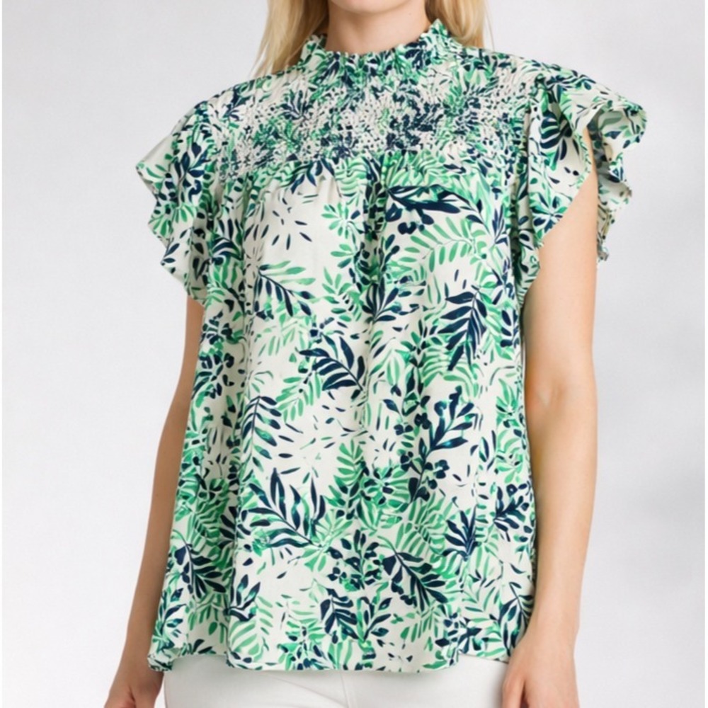 THML Tropical Leaf Print Smocked Top Relaxed Breathable Office Luxe Medium/Large